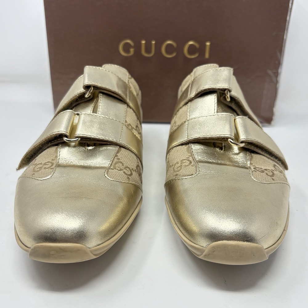 Gucci Guccissima Metallic Gold Canvas Leather‎ Hook Loop Sneakers Women 11 - Picture 5 of 15